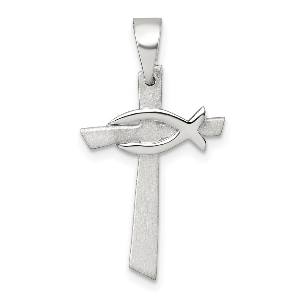 Sterling Silver Brushed Cross with Polished Ichthus Fish Pendant QC11625