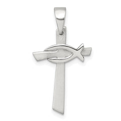 Sterling Silver Brushed Cross with Polished Ichthus Fish Pendant QC11625