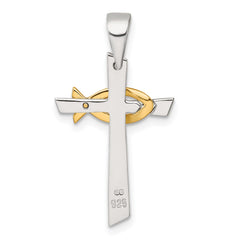 Sterling Silver Polished Cross with Gold-tone Ichthus Fish Pendant QC11626