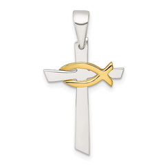 Sterling Silver Polished Cross with Gold-tone Ichthus Fish Pendant QC11626