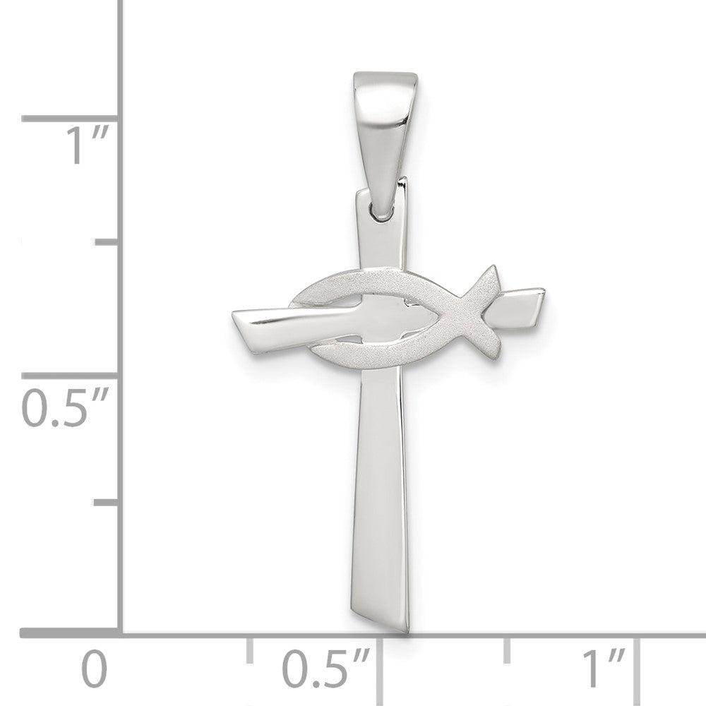 Sterling Silver Polished Cross with Brushed Ichthus Fish Pendant QC11627