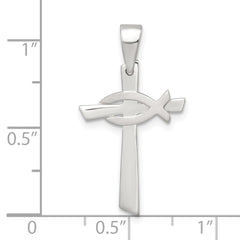 Sterling Silver Polished Cross with Brushed Ichthus Fish Pendant QC11627