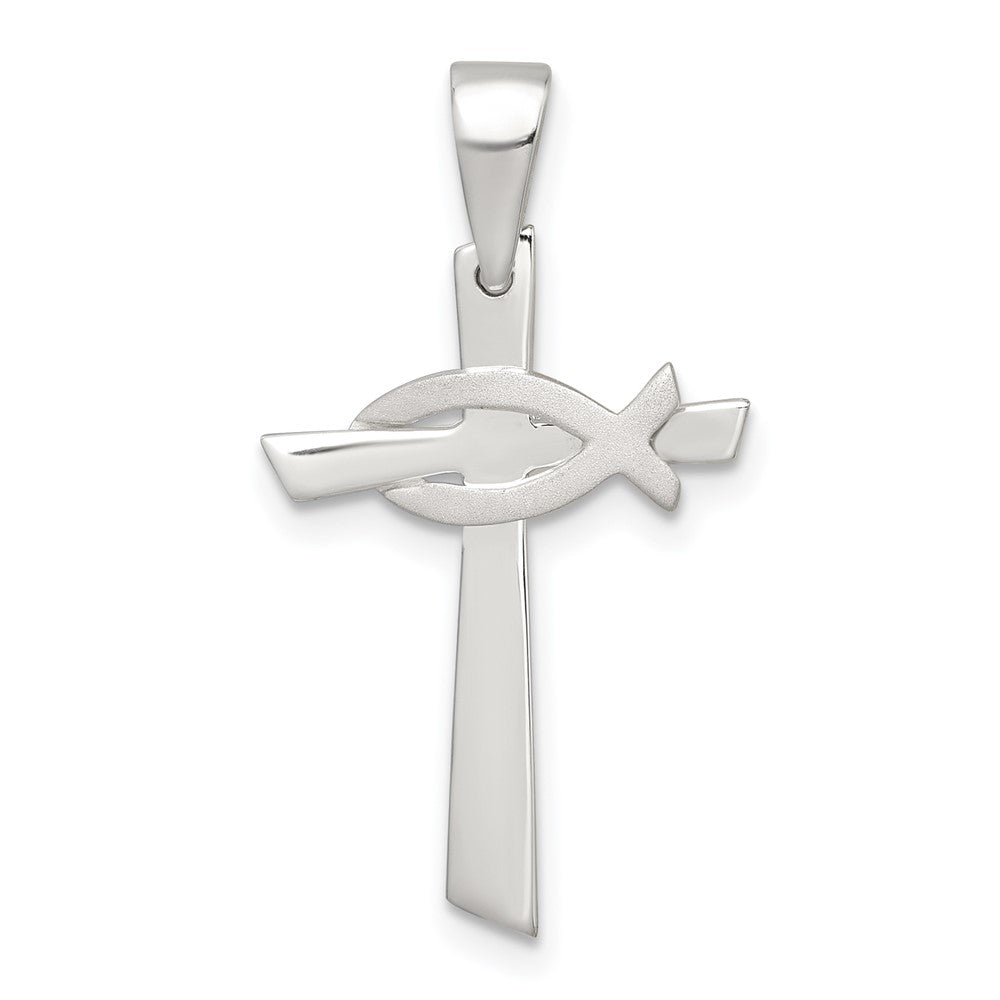 Sterling Silver Polished Cross with Brushed Ichthus Fish Pendant QC11627