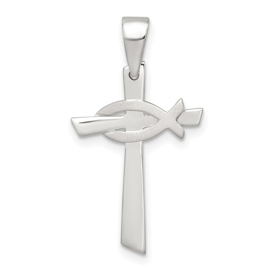 Sterling Silver Polished Cross with Brushed Ichthus Fish Pendant QC11627