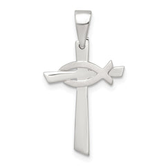 Sterling Silver Polished Cross with Brushed Ichthus Fish Pendant QC11627