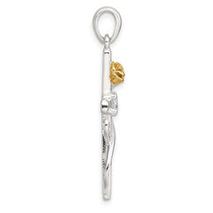 Sterling Silver E-Coat Polished Cross with CZ and Gold-tone Rose Pendant QC11630