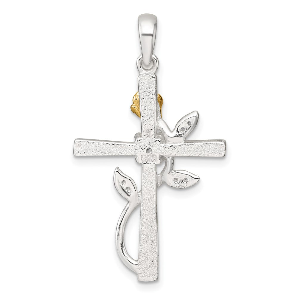 Sterling Silver E-Coat Polished Cross with CZ and Gold-tone Rose Pendant QC11630
