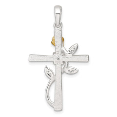 Sterling Silver E-Coat Polished Cross with CZ and Gold-tone Rose Pendant QC11630