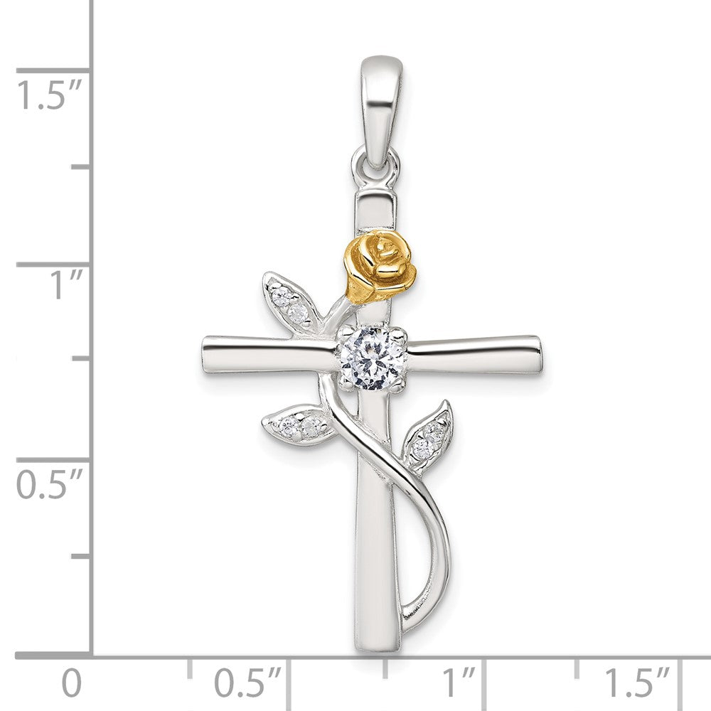 Sterling Silver E-Coat Polished Cross with CZ and Gold-tone Rose Pendant QC11630