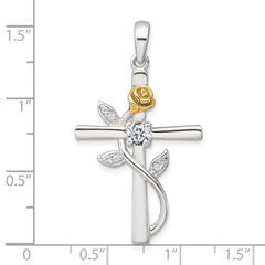Sterling Silver E-Coat Polished Cross with CZ and Gold-tone Rose Pendant QC11630