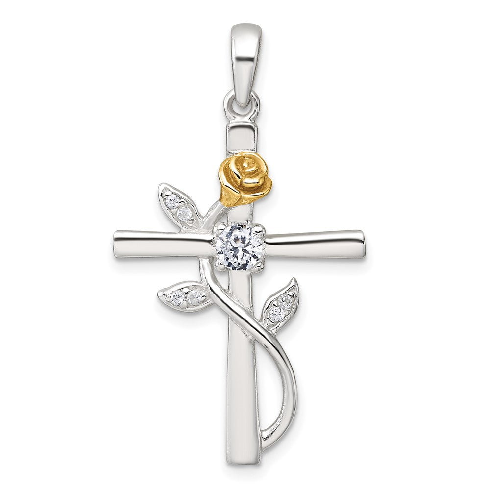 Sterling Silver E-Coat Polished Cross with CZ and Gold-tone Rose Pendant QC11630