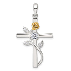 Sterling Silver E-Coat Polished Cross with CZ and Gold-tone Rose Pendant QC11630