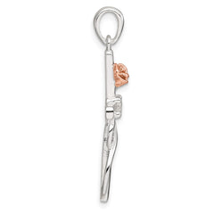Sterling Silver E-Coat Polished Cross with CZ and Rose-tone Rose Pendant QC11631
