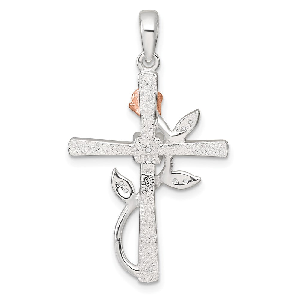 Sterling Silver E-Coat Polished Cross with CZ and Rose-tone Rose Pendant QC11631