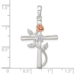 Sterling Silver E-Coat Polished Cross with CZ and Rose-tone Rose Pendant QC11631