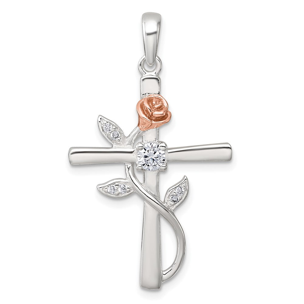 Sterling Silver E-Coat Polished Cross with CZ and Rose-tone Rose Pendant QC11631