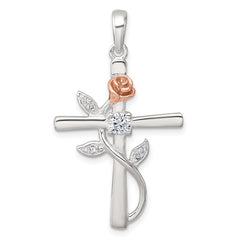 Sterling Silver E-Coat Polished Cross with CZ and Rose-tone Rose Pendant QC11631