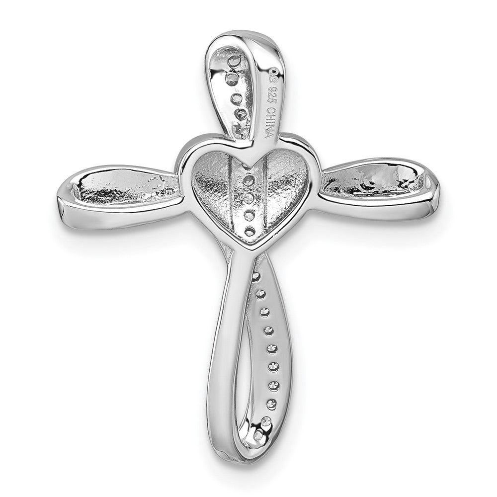 Sterling Silver Rhodium-plated Polished CZ Heart Cross Chain Slide Pendant QC11632