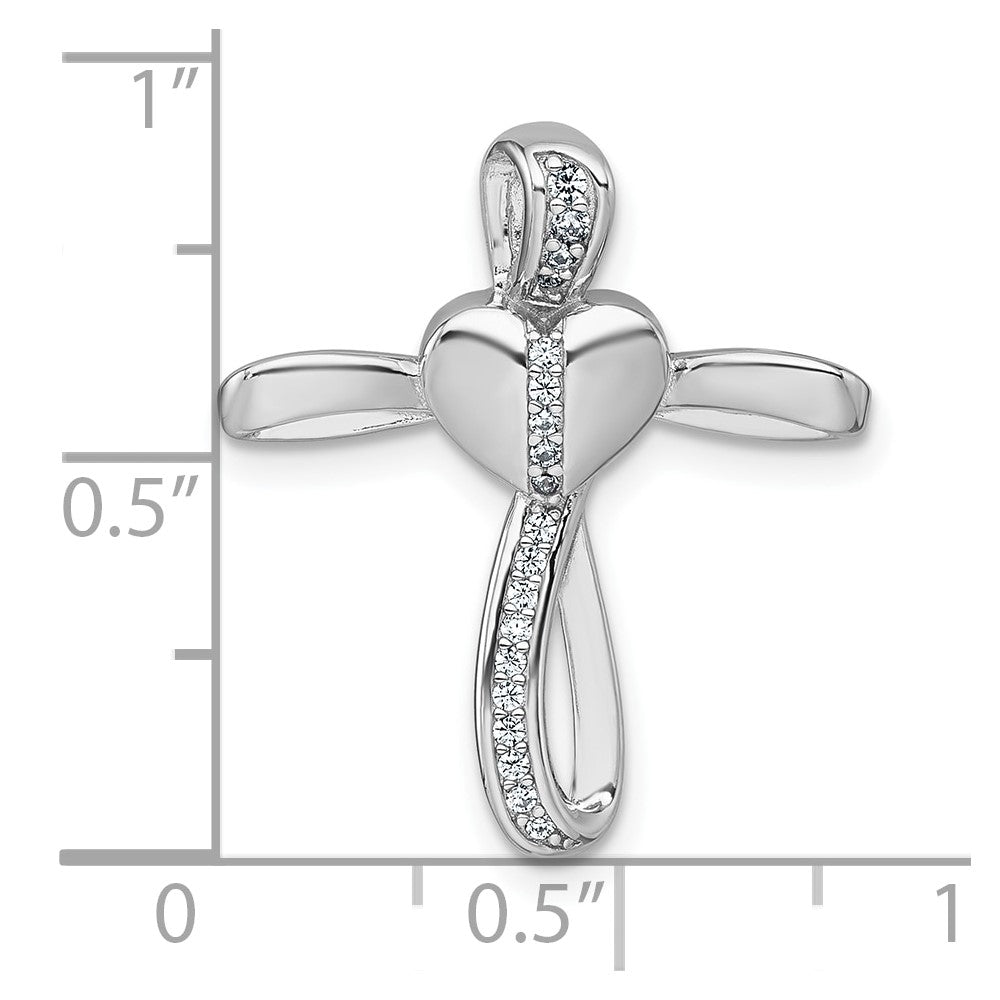 Sterling Silver Rhodium-plated Polished CZ Heart Cross Chain Slide Pendant QC11632