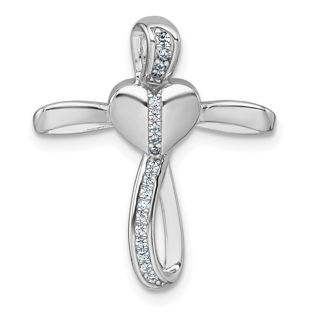 Sterling Silver Rhodium-plated Polished CZ Heart Cross Chain Slide Pendant QC11632