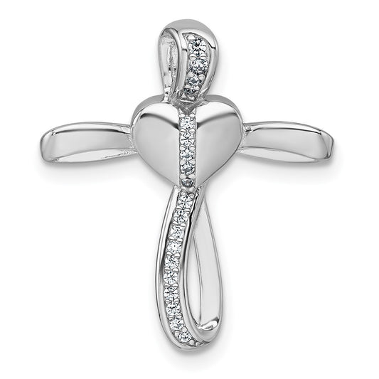 Sterling Silver Rhodium-plated Polished CZ Heart Cross Chain Slide Pendant QC11632