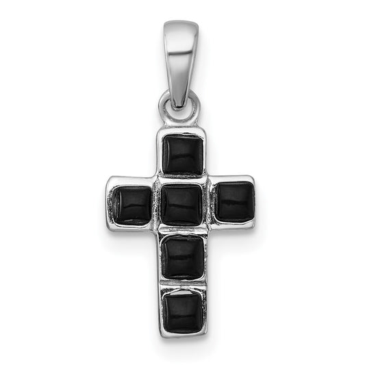 Sterling Silver Rhodium-plated Polished Onyx Latin Cross Pendant QC11634