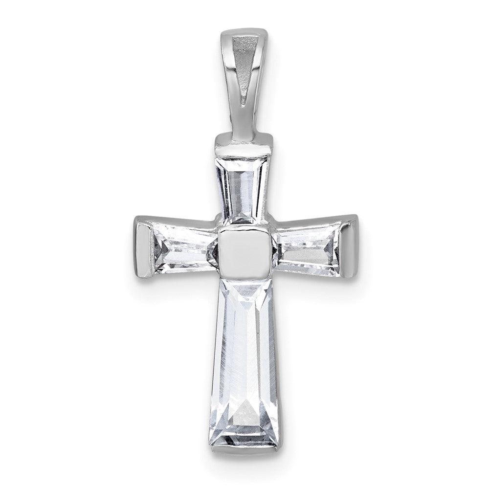 Sterling Silver Rhodium-plated Polished Baguette CZ Cross Pendant QC11647