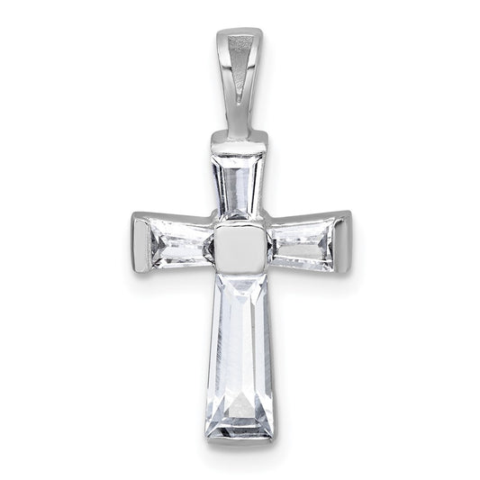 Sterling Silver Rhodium-plated Polished Baguette CZ Cross Pendant QC11647
