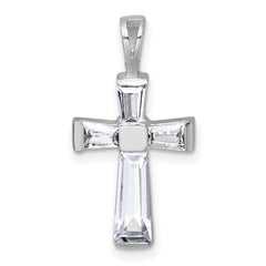Sterling Silver Rhodium-plated Polished Baguette CZ Cross Pendant QC11647