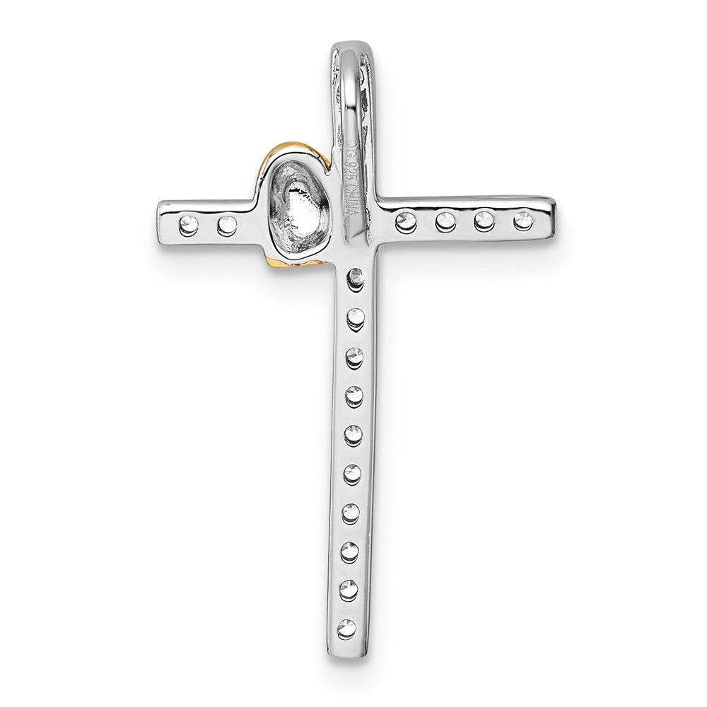 Sterling Silver Rhodium-plated with Gold-plated Heart Polished CZ Cross Chain Slide Pendant QC11648