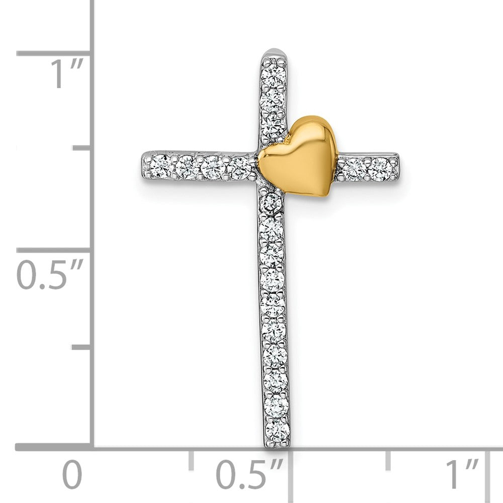Sterling Silver Rhodium-plated with Gold-plated Heart Polished CZ Cross Chain Slide Pendant QC11648