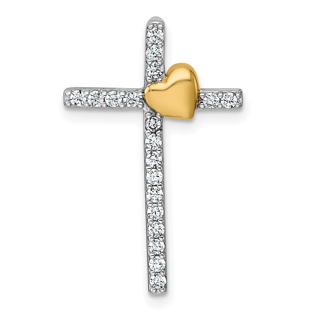 Sterling Silver Rhodium-plated with Gold-plated Heart Polished CZ Cross Chain Slide Pendant QC11648