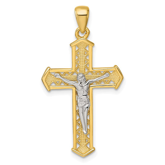 Sterling Silver Gold-tone and Rhodium-plated Polished Crucifix Cross Pendant QC11655