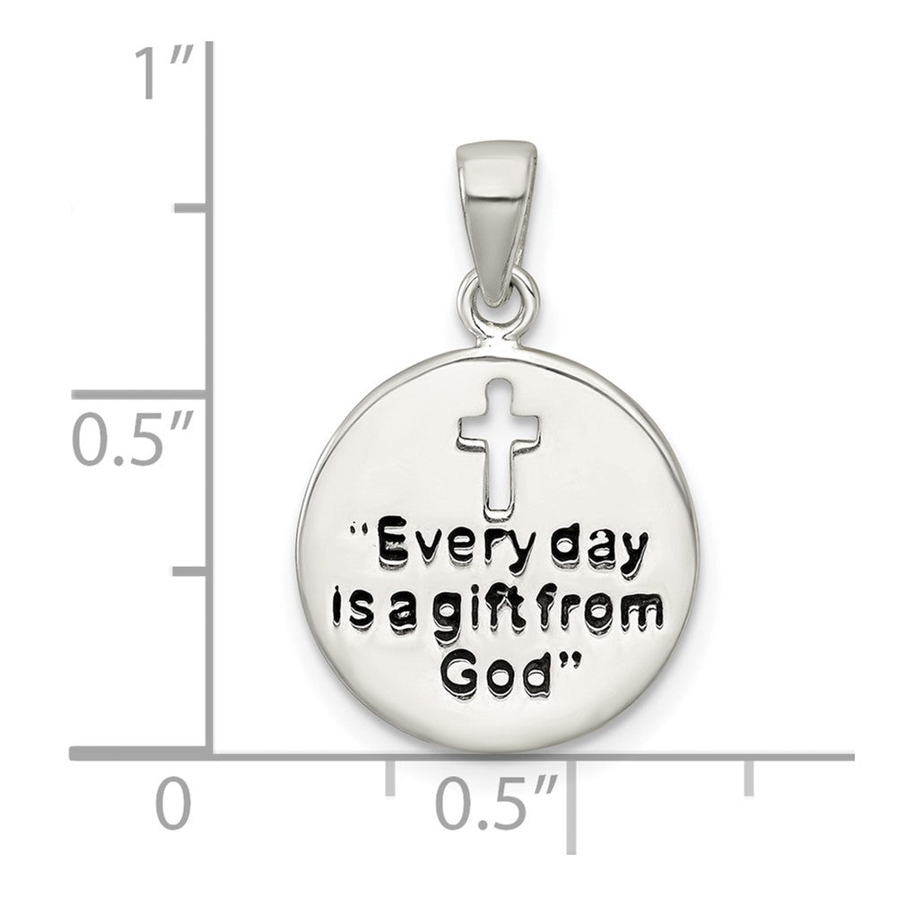 Sterling Silver Polished Black Enamel EVERY DAY IS A GIFT FROM GOD Cut Out Cross Disc Pendant QC11658