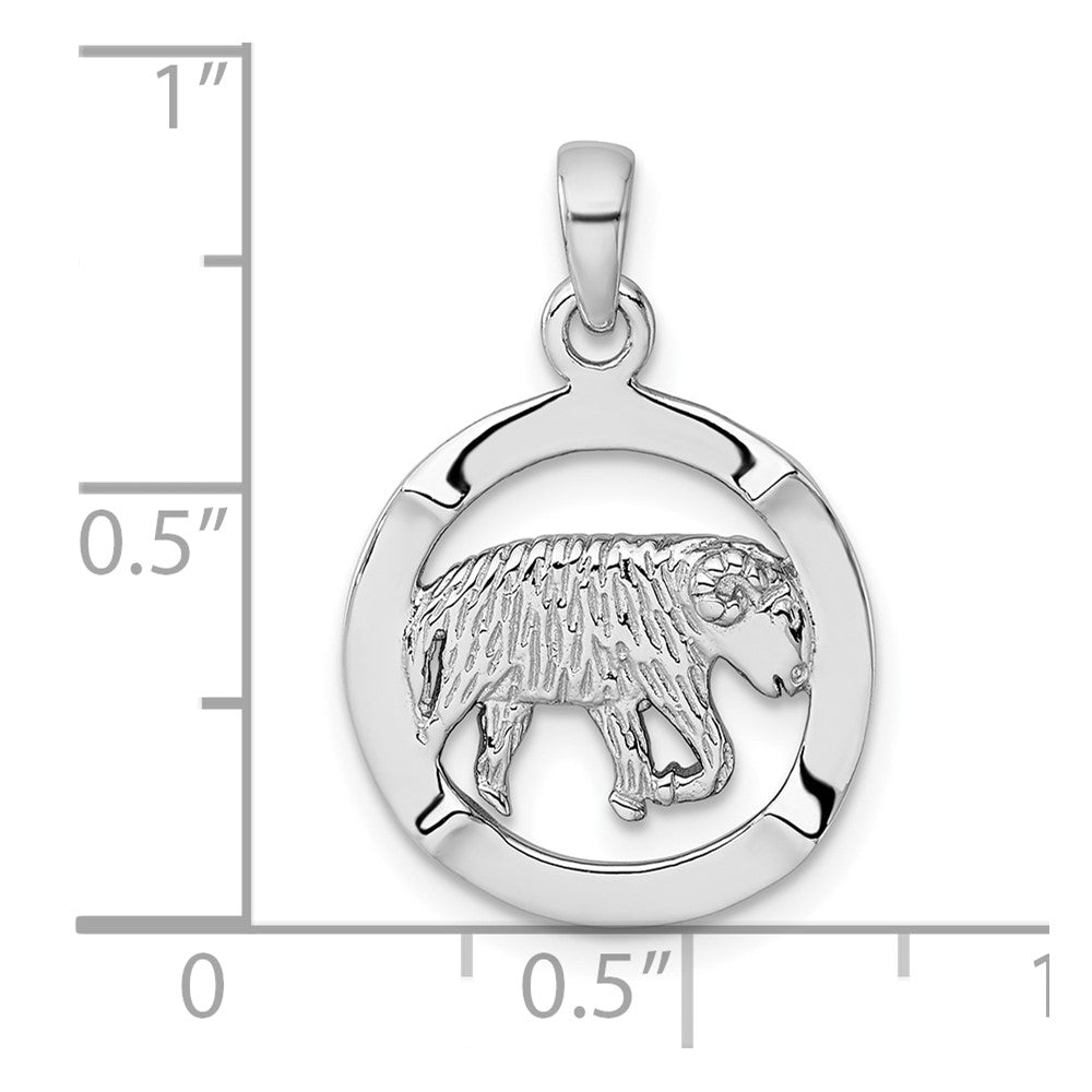 Sterling Silver Rhodium-plated Polished Reversible Aries Ram in Circle Zodiac Pendant QC11660