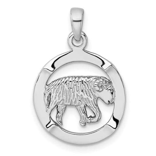 Sterling Silver Rhodium-plated Polished Reversible Aries Ram in Circle Zodiac Pendant QC11660