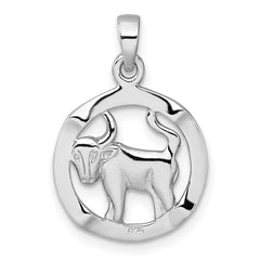 Sterling Silver Rhodium-plated Polished Reversible Taurus Bull in Circle Zodiac Pendant QC11661