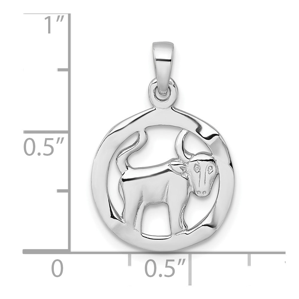 Sterling Silver Rhodium-plated Polished Reversible Taurus Bull in Circle Zodiac Pendant QC11661