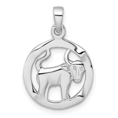 Sterling Silver Rhodium-plated Polished Reversible Taurus Bull in Circle Zodiac Pendant QC11661
