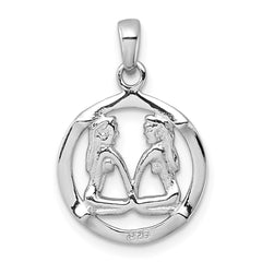 Sterling Silver Rhodium-plated Polished Reversible Gemini Twins in Circle Zodiac Pendant QC11662