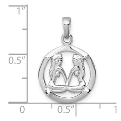 Sterling Silver Rhodium-plated Polished Reversible Gemini Twins in Circle Zodiac Pendant QC11662
