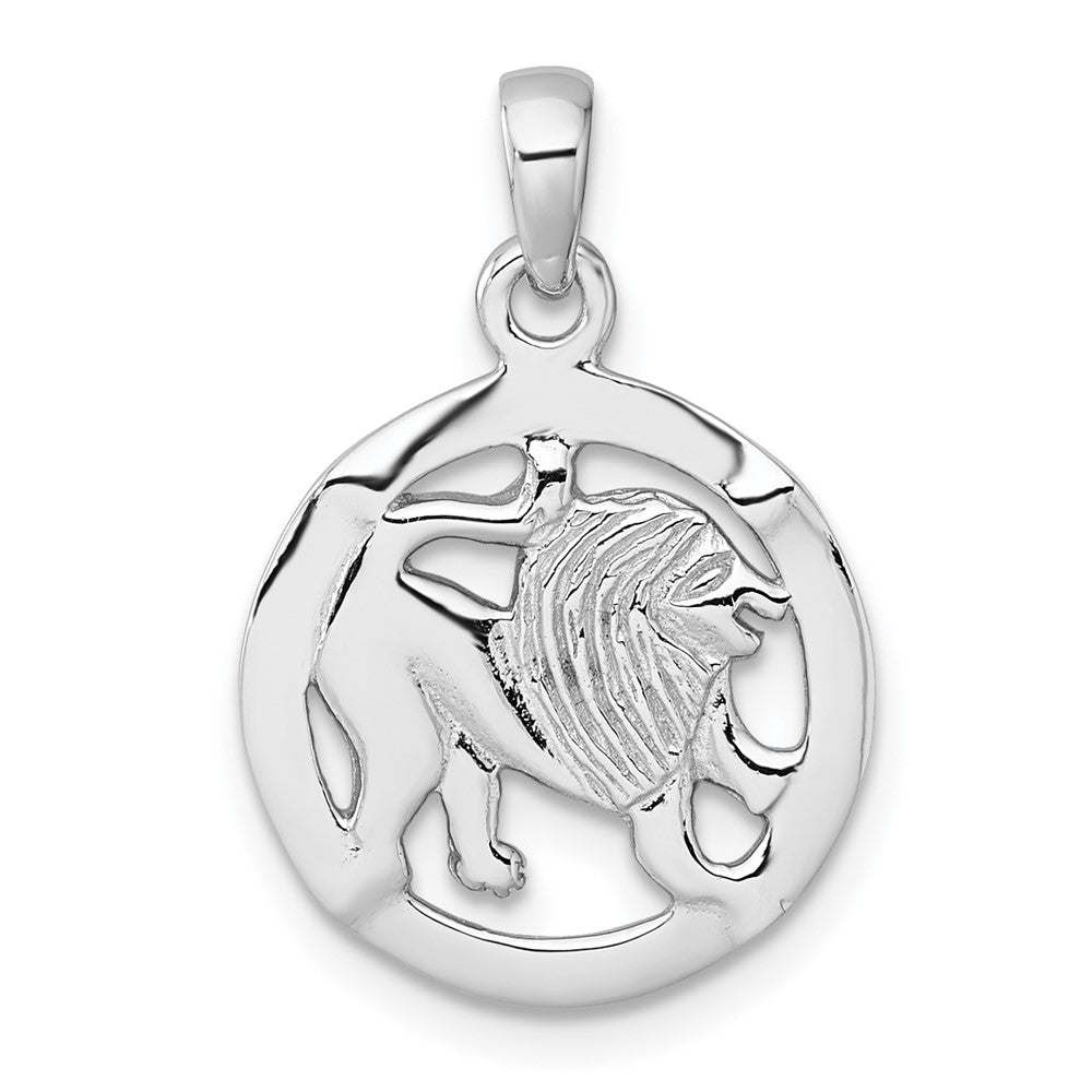 Sterling Silver Rhodium-plated Polished Reversible Leo Lion in Circle Zodiac Pendant QC11664