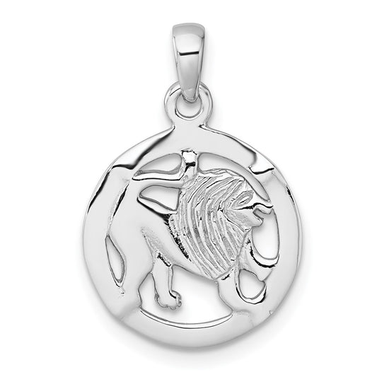 Sterling Silver Rhodium-plated Polished Reversible Leo Lion in Circle Zodiac Pendant QC11664