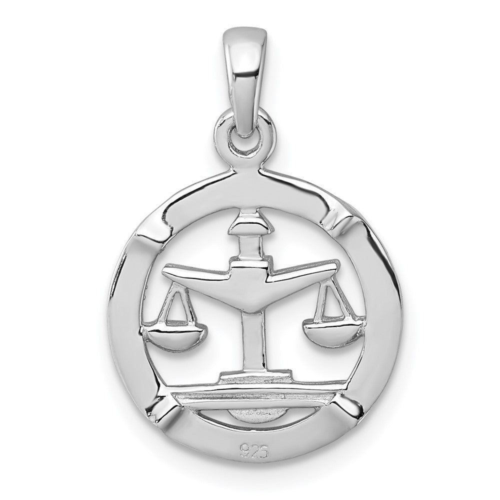 Sterling Silver Rhodium-plated Polished Reversible Libra Scales in Circle Zodiac Pendant QC11666