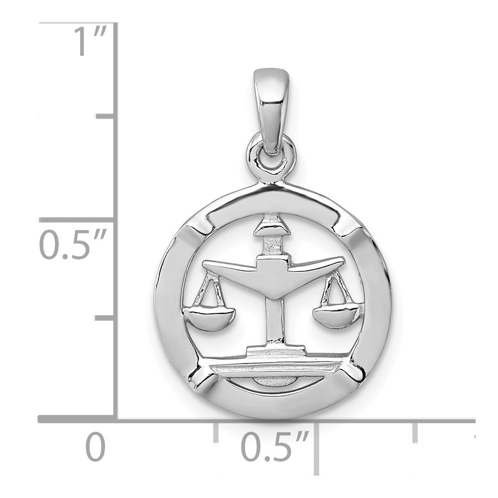 Sterling Silver Rhodium-plated Polished Reversible Libra Scales in Circle Zodiac Pendant QC11666