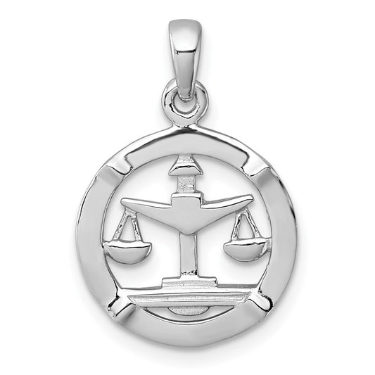 Sterling Silver Rhodium-plated Polished Reversible Libra Scales in Circle Zodiac Pendant QC11666