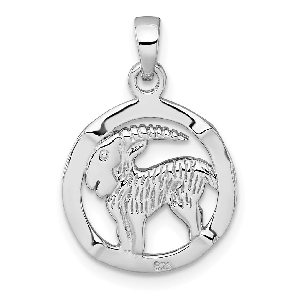 Sterling Silver Rhodium-plated Polished Reversible Capricorn Goat in Circle Zodiac Pendant QC11669