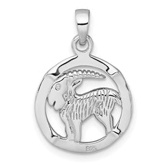 Sterling Silver Rhodium-plated Polished Reversible Capricorn Goat in Circle Zodiac Pendant QC11669