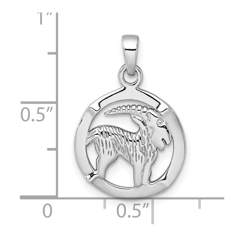 Sterling Silver Rhodium-plated Polished Reversible Capricorn Goat in Circle Zodiac Pendant QC11669