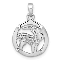 Sterling Silver Rhodium-plated Polished Reversible Capricorn Goat in Circle Zodiac Pendant QC11669